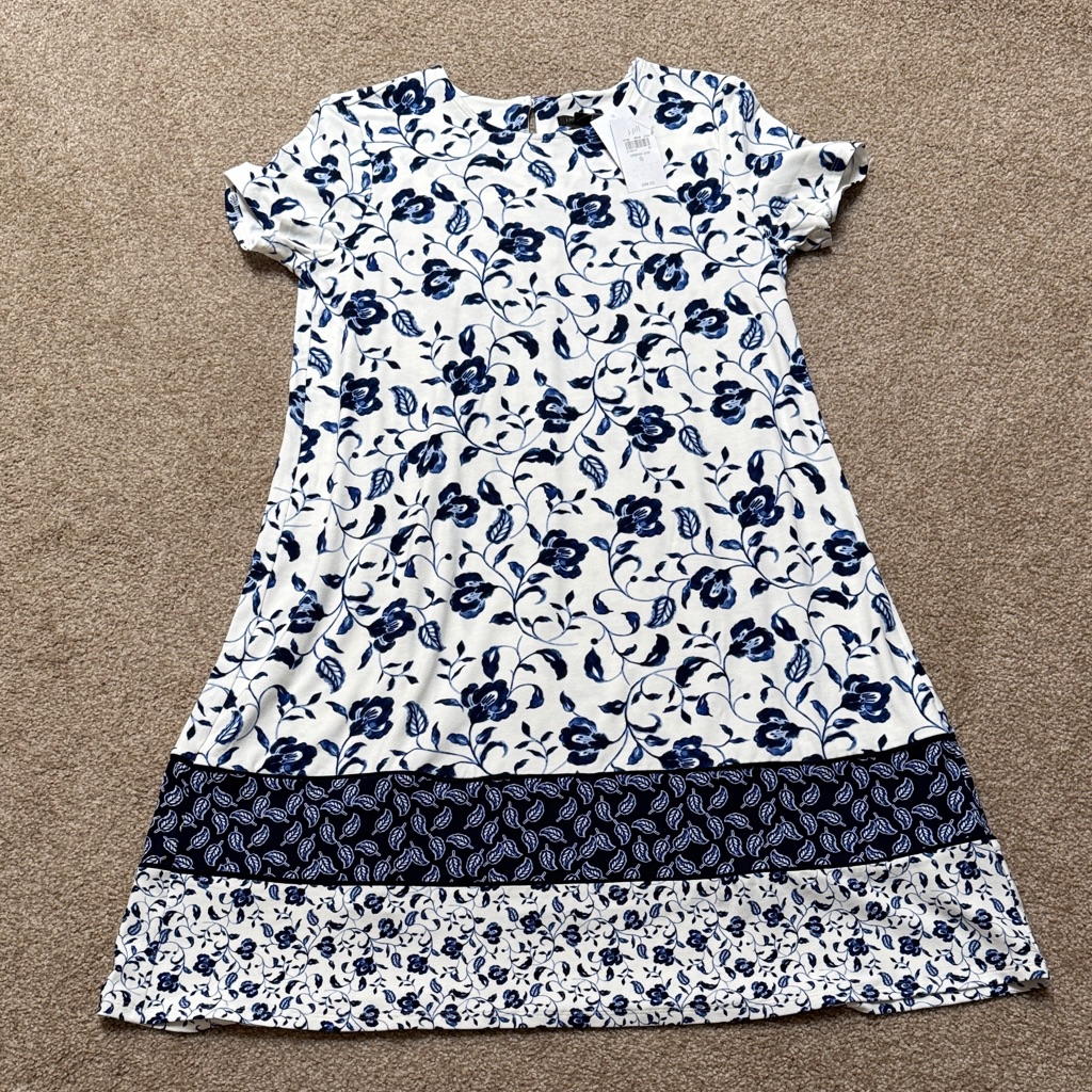 J Jill White And Blue Print Border Dress Nwt Size S With Defect